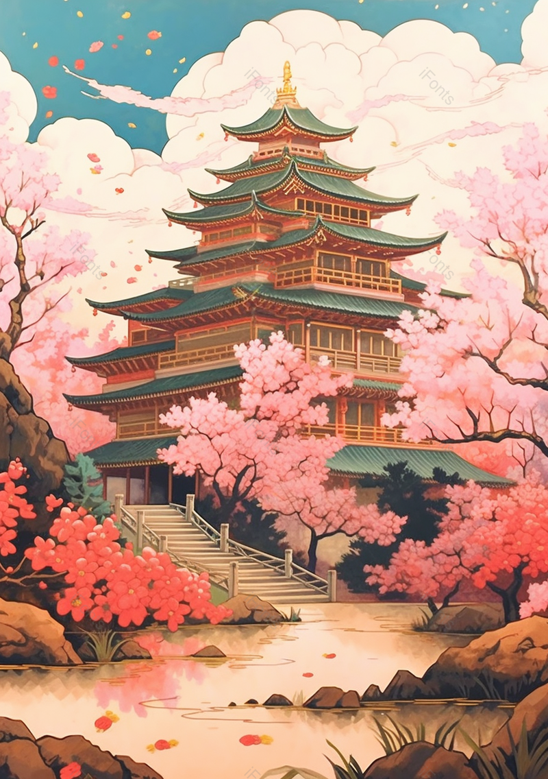 樱花簇拥下的滕王阁建筑插画背景,插画/手绘图,插画/手绘图库,插画/手绘图下载,插画/手绘